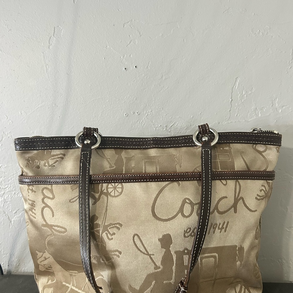 Coach Tan Signature Canvas Tote with Dark Brown Trim
